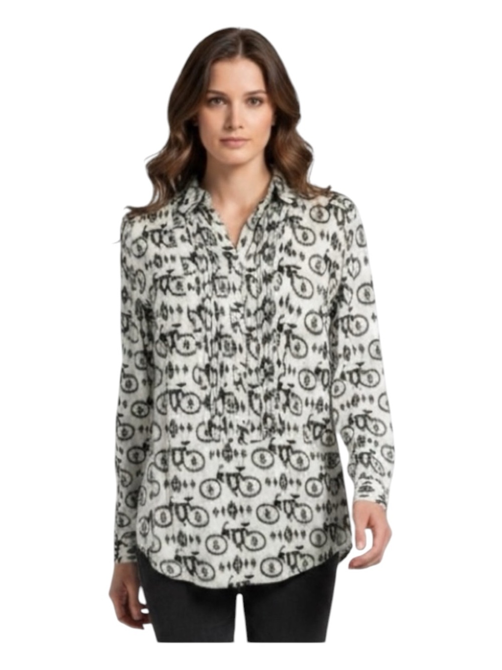 Anthropologie Maeve White Bicycle Print Long Sleeve Half Button Up Blouse 2